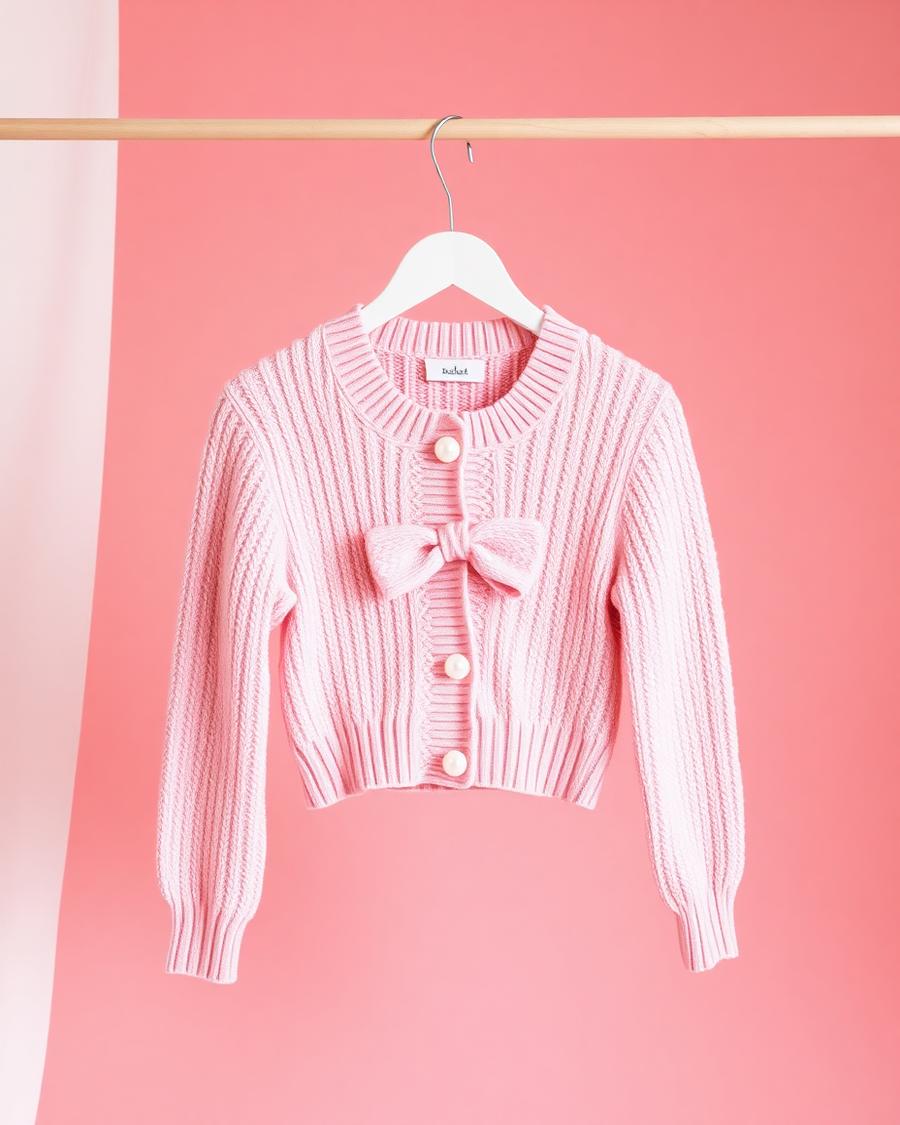 Pink Bow Pearl-Button Cardigan